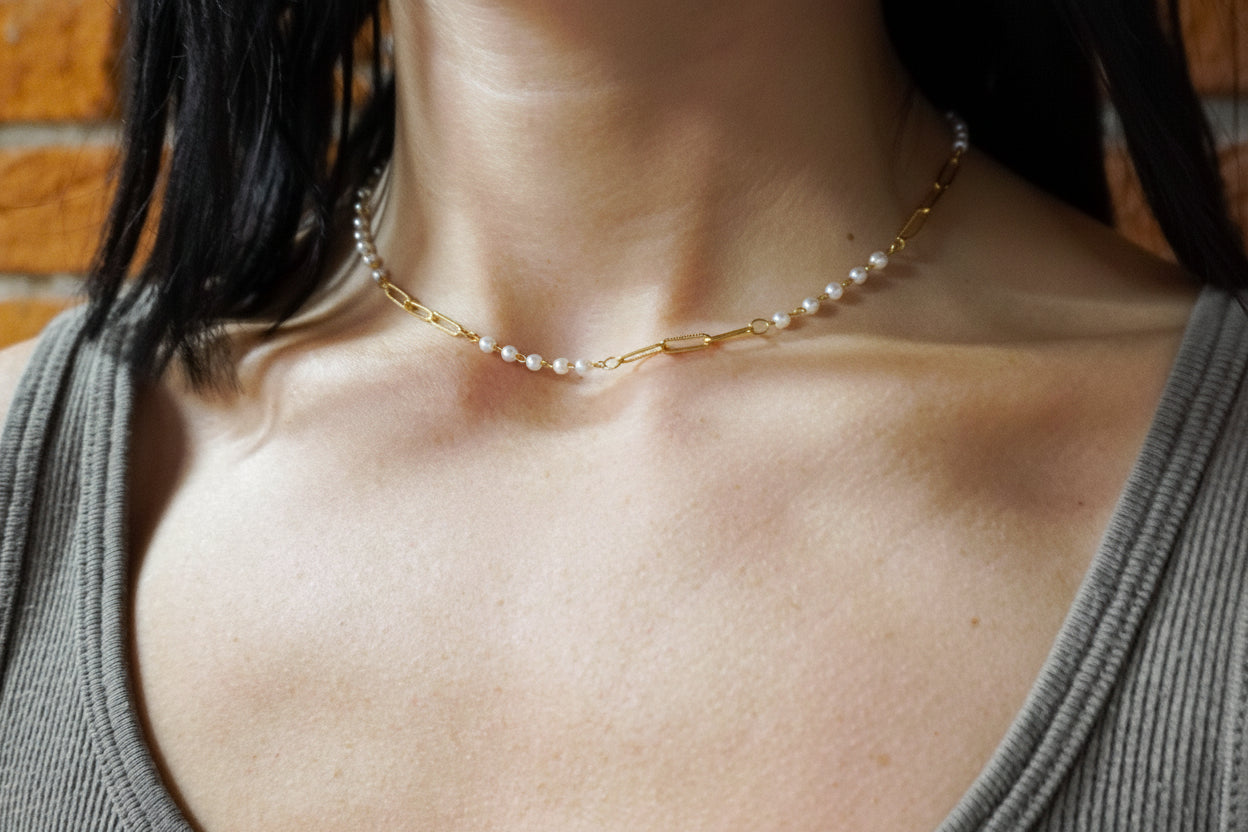 Dainty Paper-Clip & Pearl Necklace