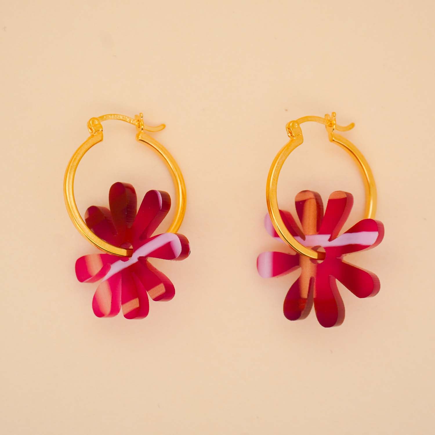 Flower Hoop Earrings in Plaid Fuchsia
