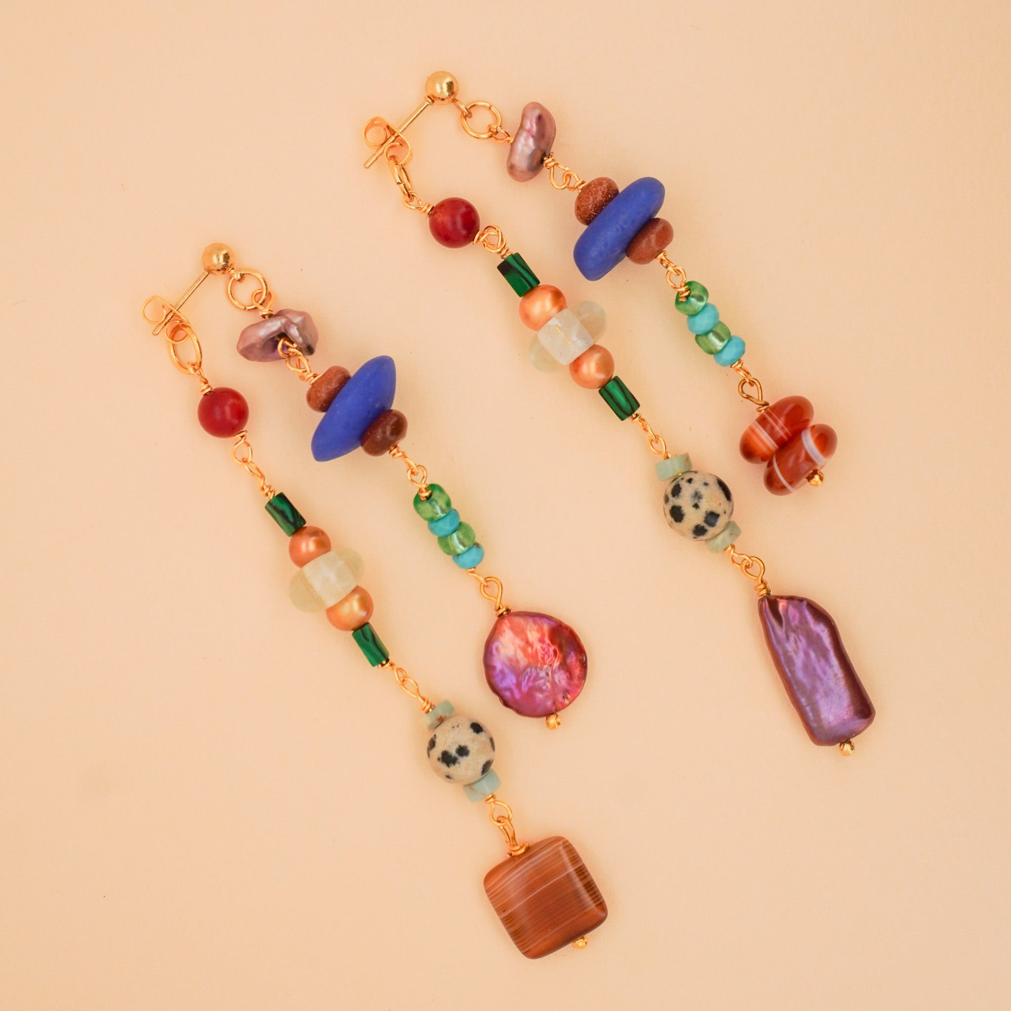 Colorful beaded necklace on a beige background