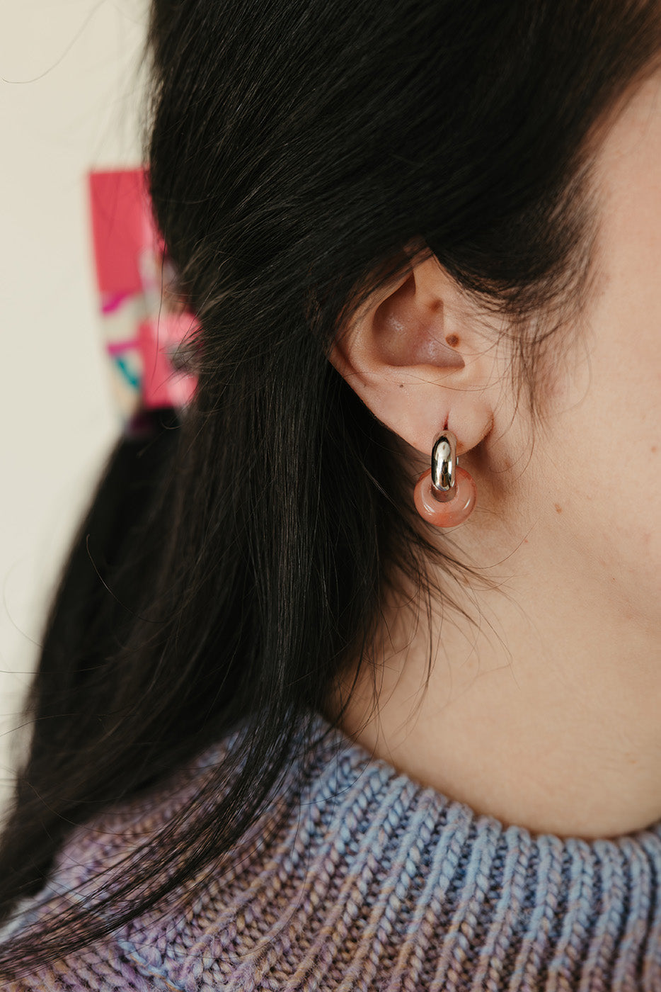 Stone Hoop Earrings in Peach Quartz