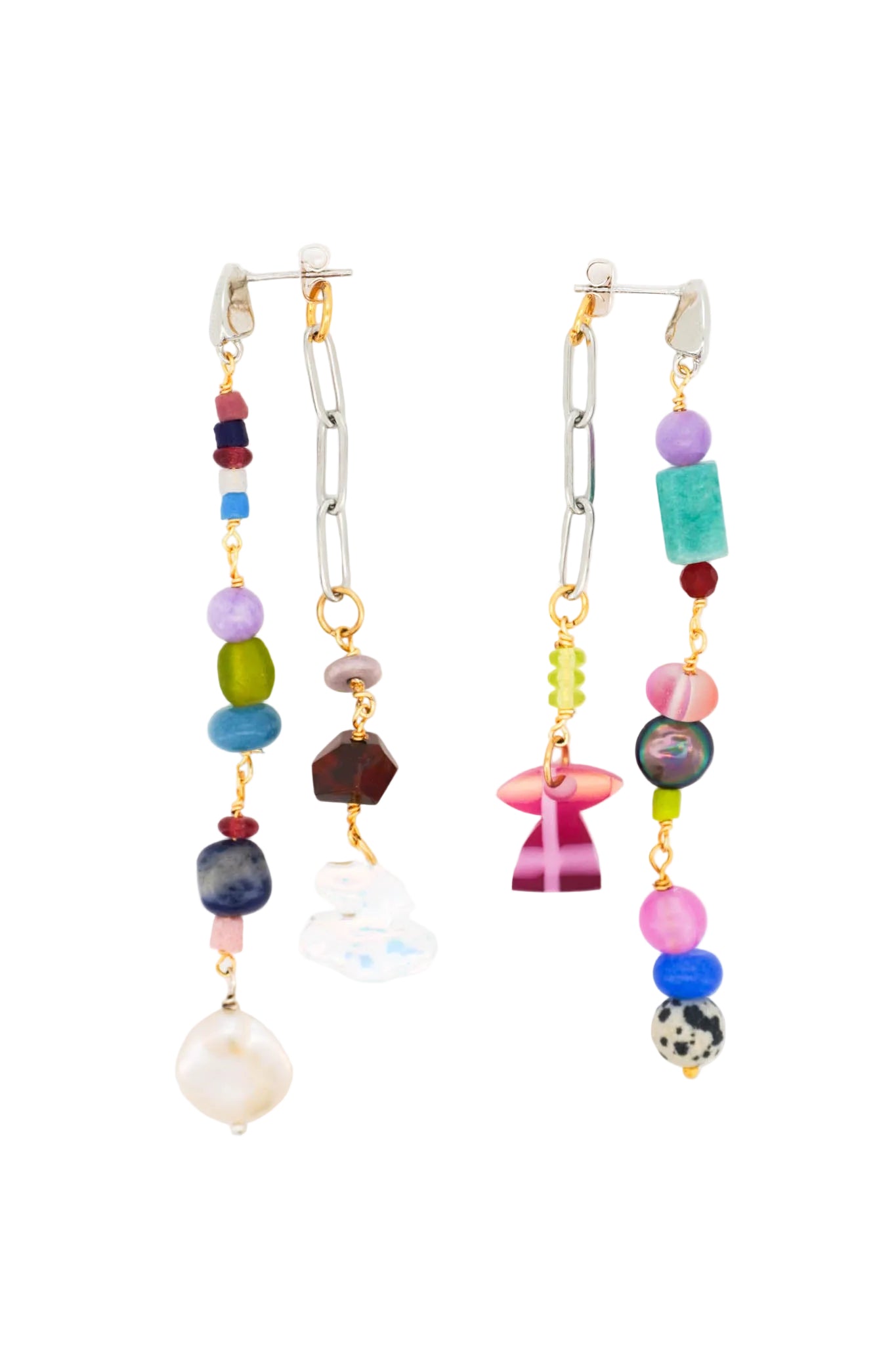 A pair of handmade dangle earrings with silver paperclip links, colorful glass beads, and small charms, displayed on a clean white background.