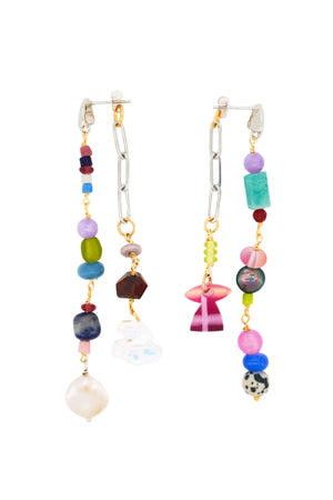 A pair of handmade dangle earrings with silver paperclip links, colorful glass beads, and small charms, displayed on a clean white background.