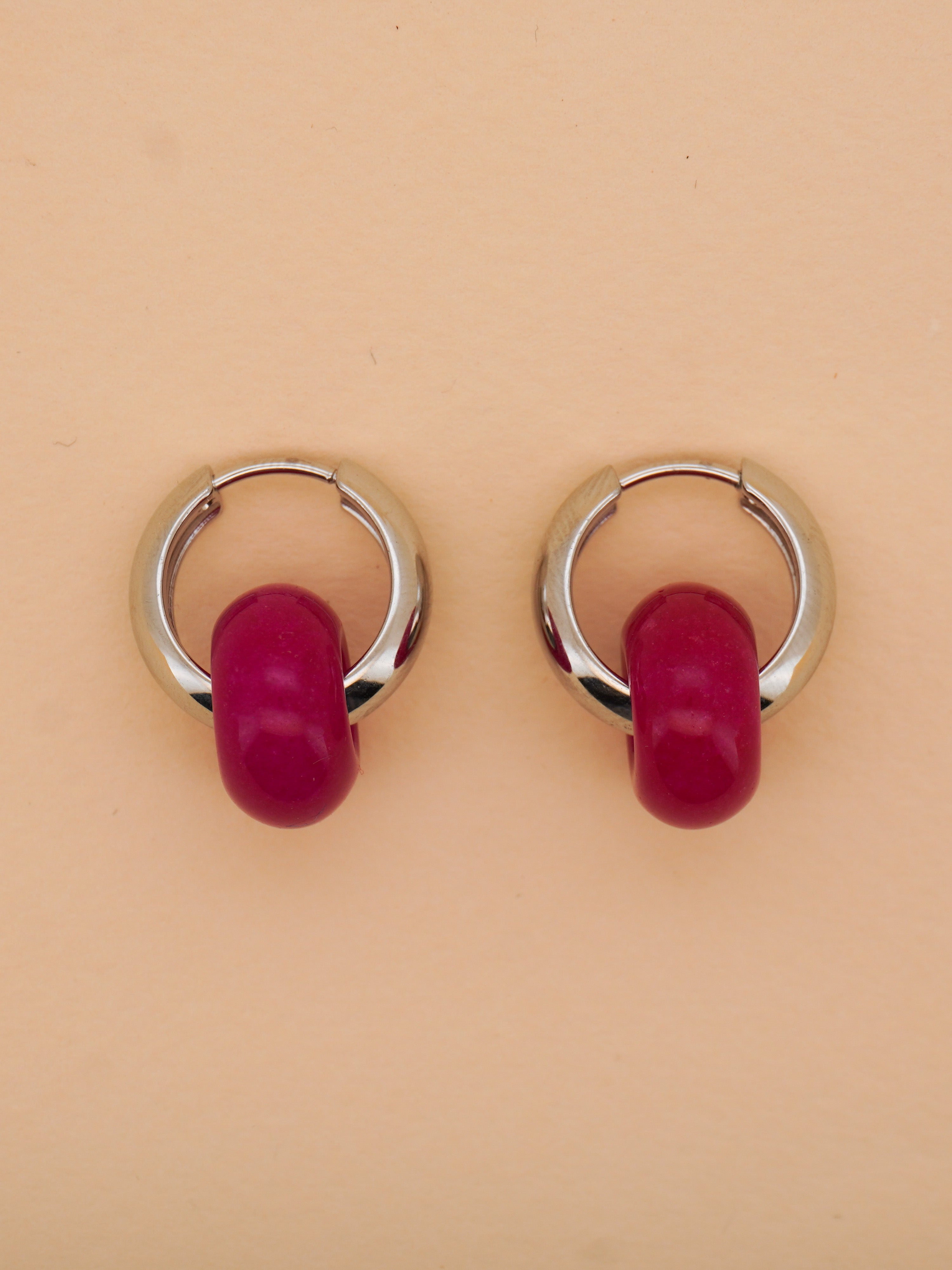 Stone Hoop Earrings in Fuchsia Jade