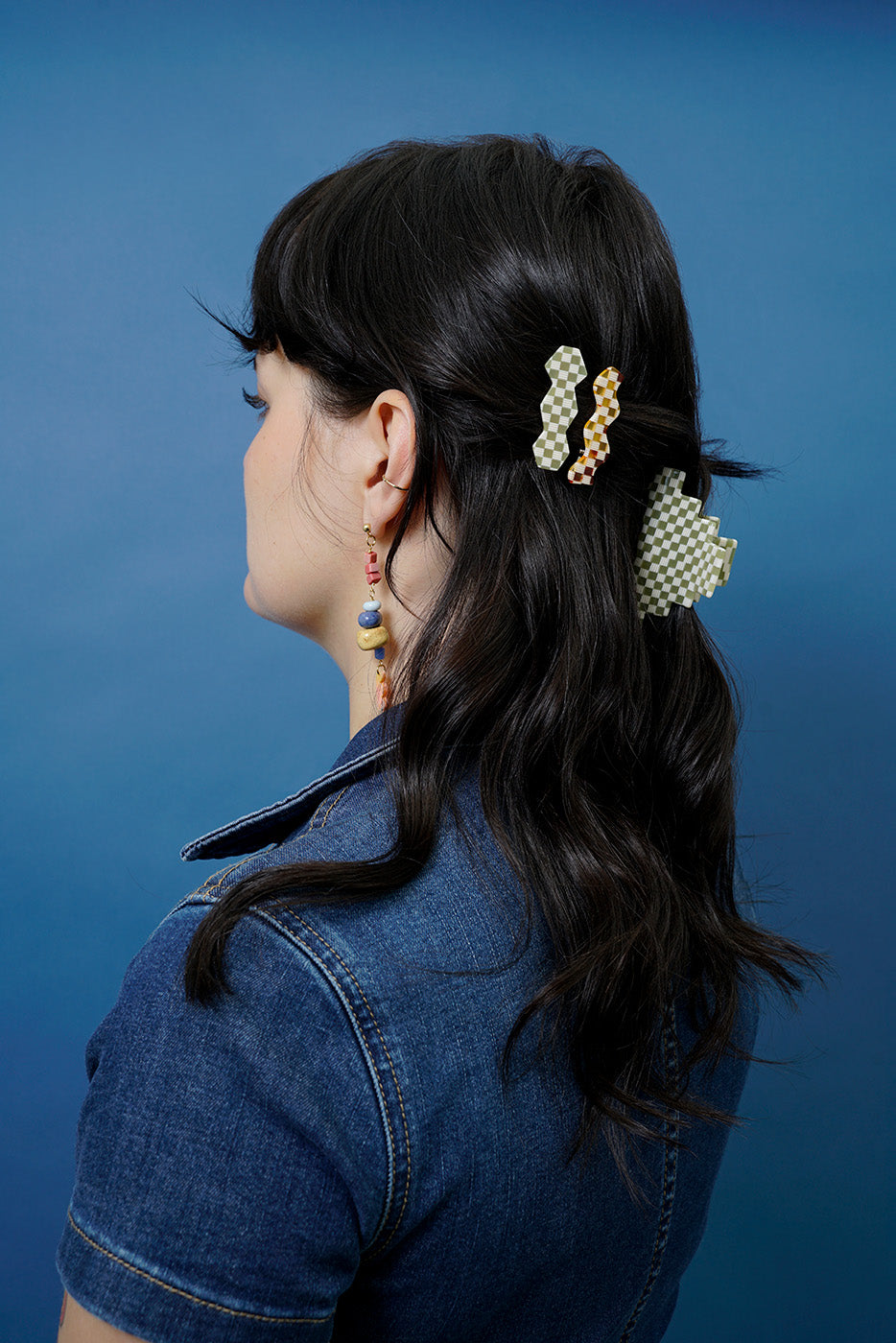 Pyramid Hair-Claw in Green Checkerboard